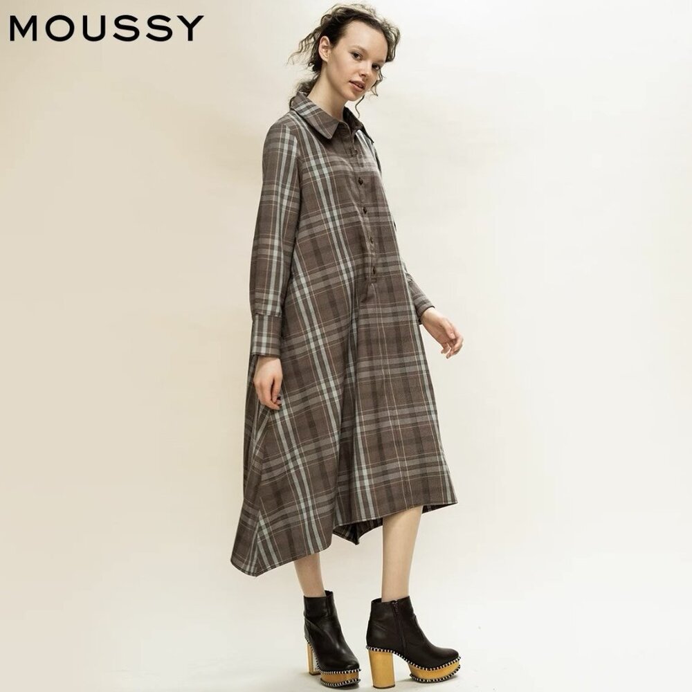 Moussy Plaid Handkerchief Hem Shirt Dress (Size S) Long Sleeve Loose Fit Modest - Picture 2 of 11